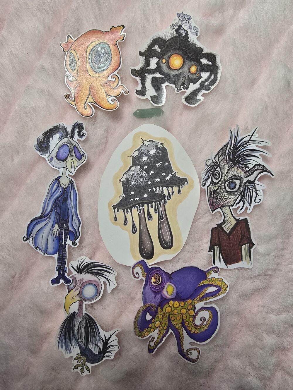 OOAK ATC Mushroom Art, Gothic 6 Pc Sticker Pack, Skull, Moth, Octopus, 5 Of 5
